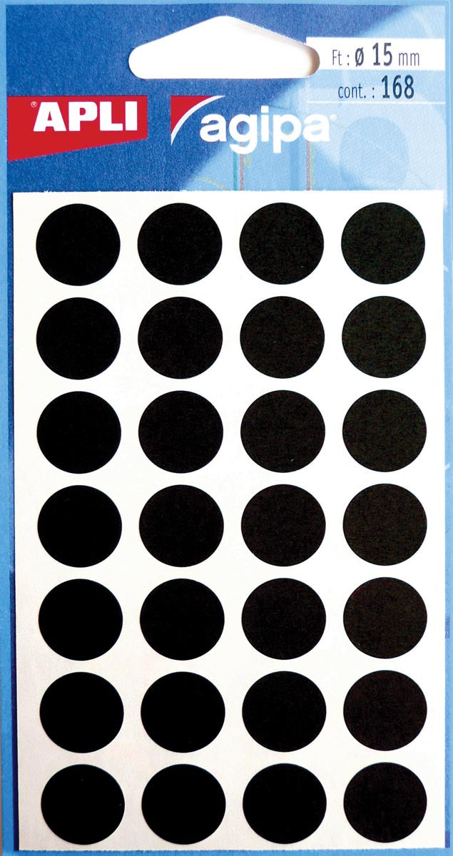 Agipa - runde Etiketten im Etui, Durchmesser 15 mm, schwarz, 168 Stück, 28 pro Blatt