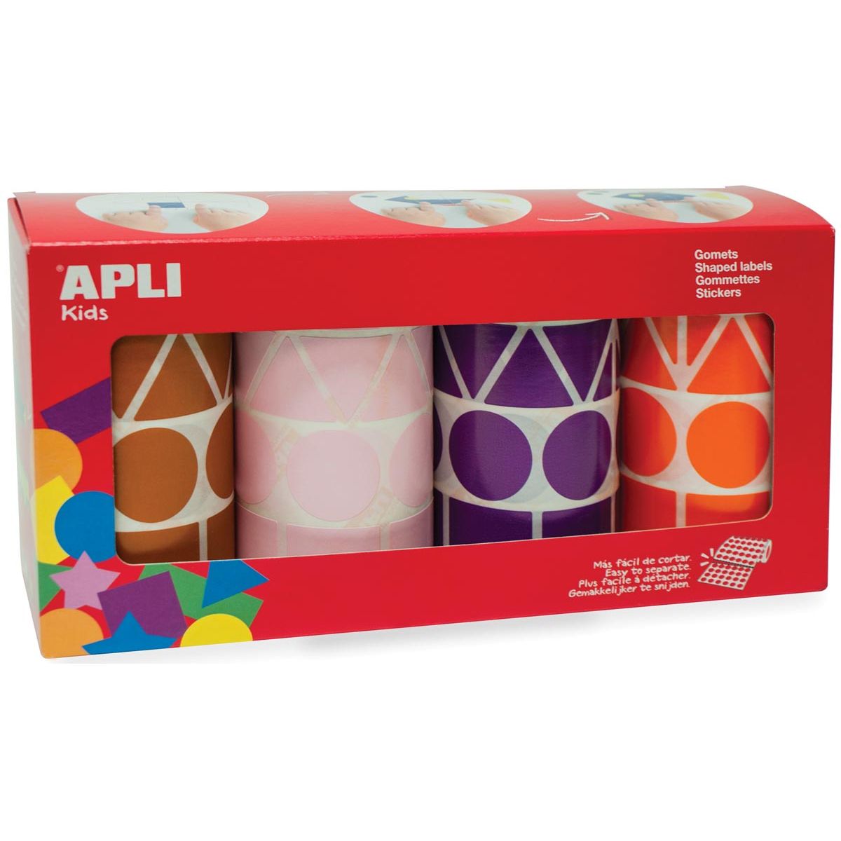Apli Kids -  Kids stickers XL, doos met 4 rollen in 4 kleuren en 4 vormen (bruin, roze, paars en oranje)