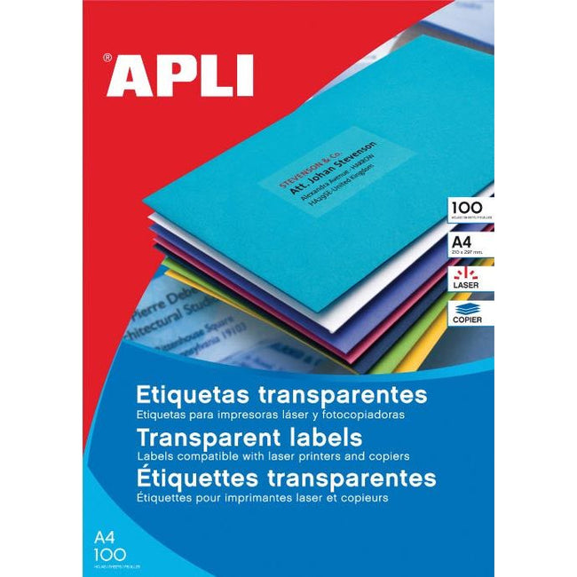 Apli - étiquettes transparentes ft 70 x 37 mm (b x h), 2400 pièces, 24 par feuille, boîte de 100 feuilles