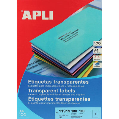 Apli – Transparente Etiketten ft 210 x 297 mm (B x H), 100 Stück, 1 pro Blatt, Karton mit 100 Blatt