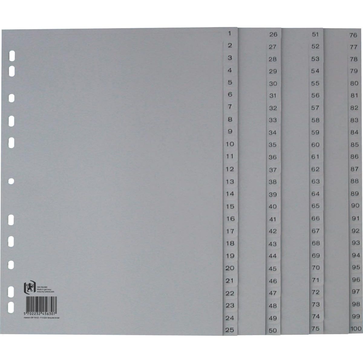 Oxford - onglets, A4, en PP, perforation 11 trous, 100 onglets numérotés, gris