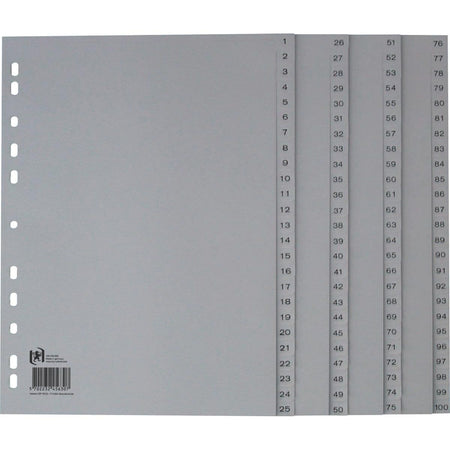 Oxford - onglets, A4, en PP, perforation 11 trous, 100 onglets numérotés, gris