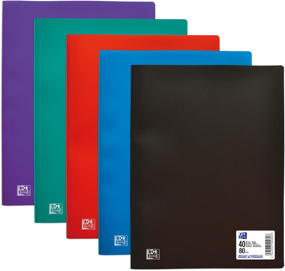 Oxford - Album initial, format A4, en PP robuste, 40 sachets, couleurs assorties