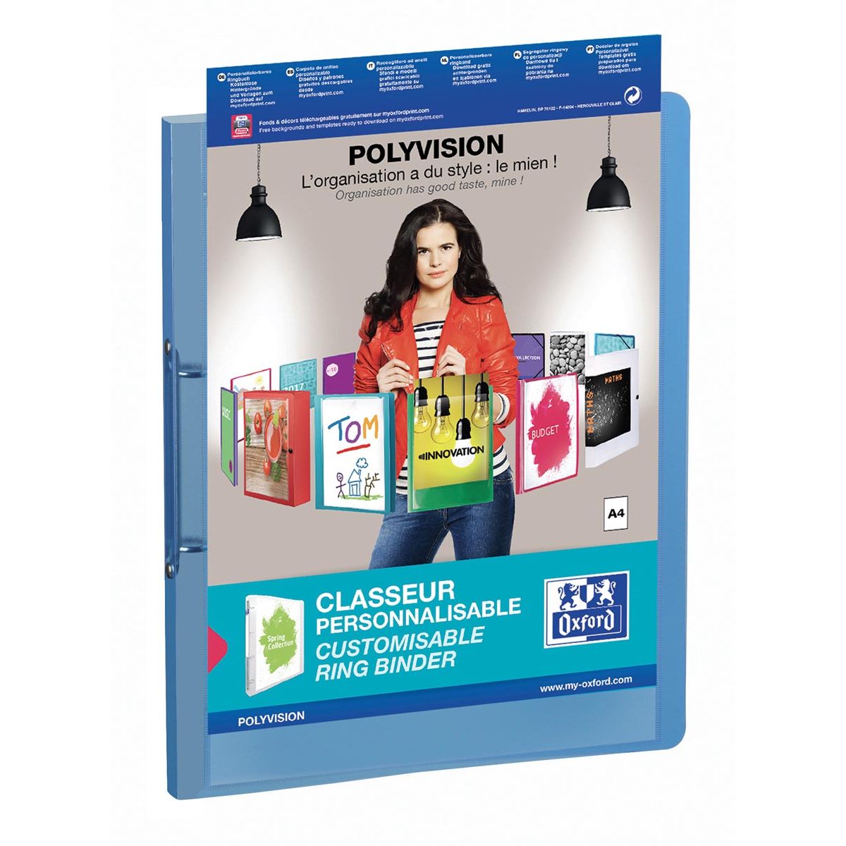 Oxford - Polyvision anpassbarer Ringordner, Größe A4, aus PP, Rücken 3 cm, 2 Ringe, blau