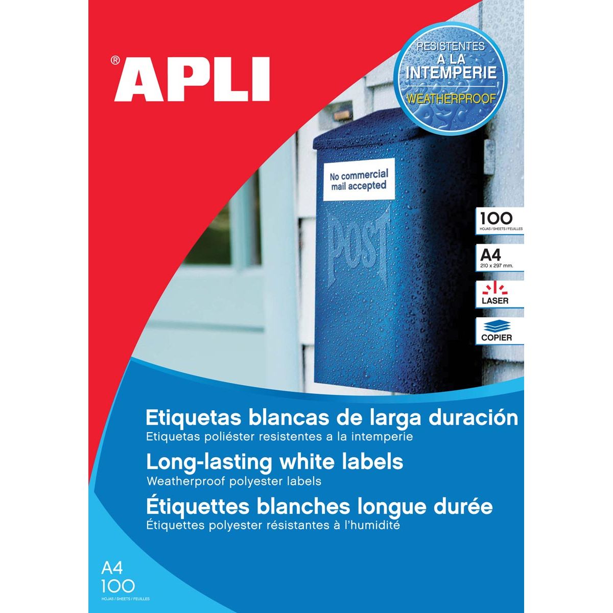 Apli -  Weerbestendige etiketten ft 210 x 297 mm (b x h), 100 stuks, 1 per blad, doos van 100 blad