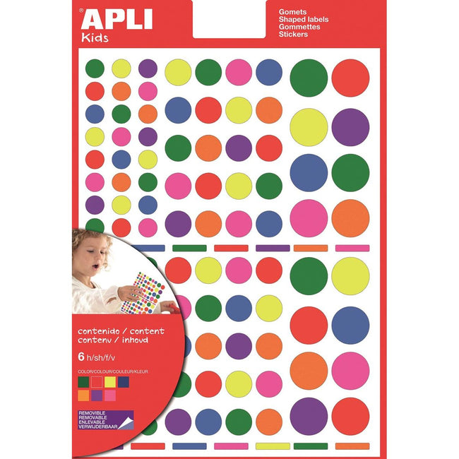 Apli -  Kids verwijderbare stickers, cirkel, blister met 624 stuks in geassorteerde kleuren en groottes