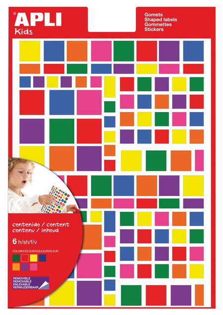 Apli -  Kids verwijderbare stickers, vierkant, blister met 756 stuks in geassorteerde kleuren en groottes