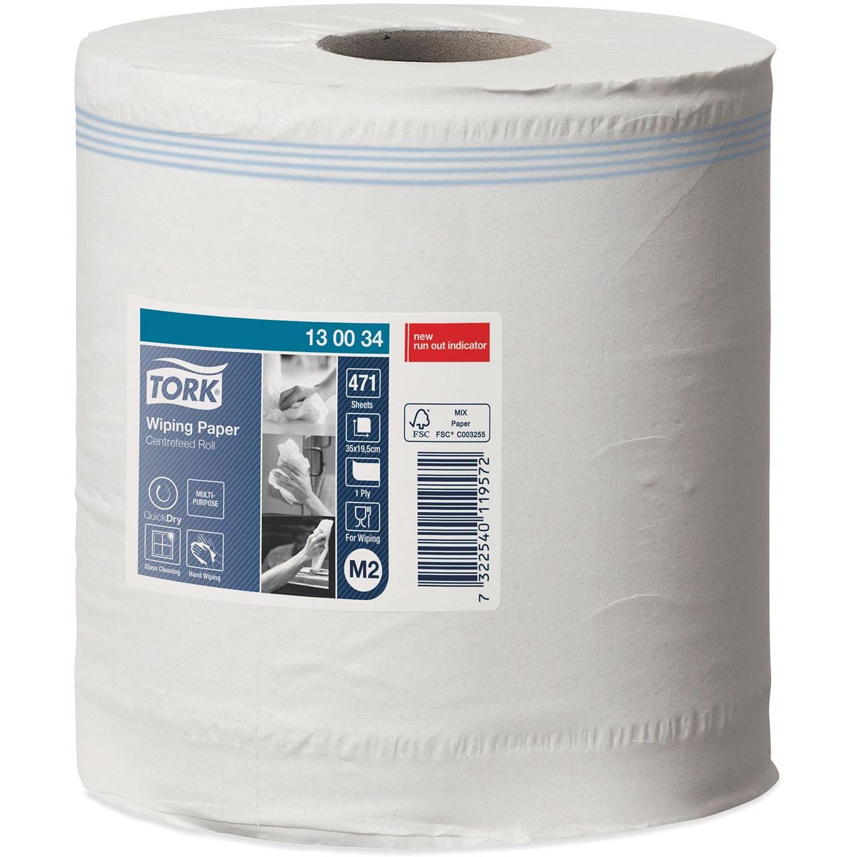Tork - Papier nettoyant d'essuyage, alimentation centrale, 1 couche, système M2, blanc