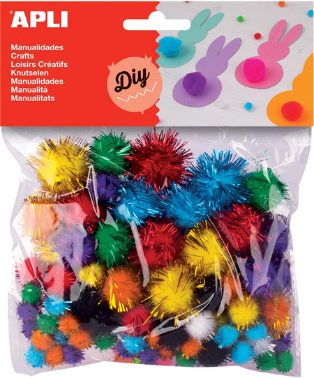 Apli -  pompons, zakje met 78 stuks in geassorteerde glitter kleuren