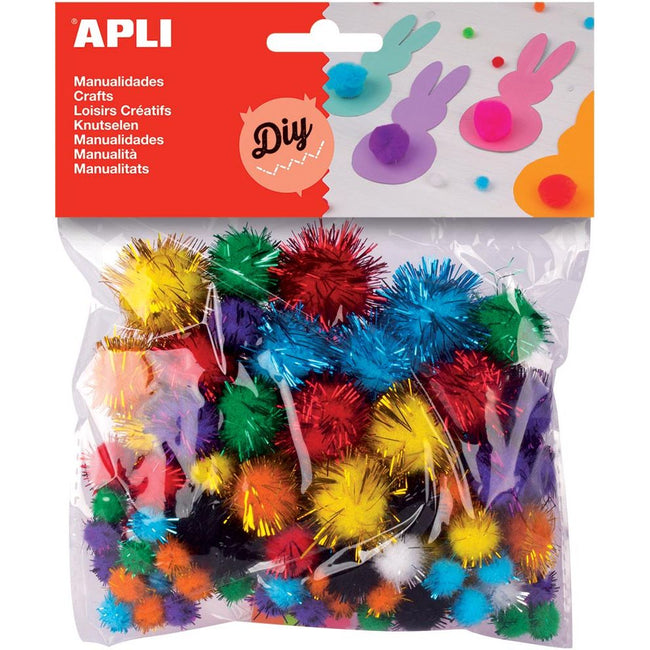 Apli -  pompons, zakje met 78 stuks in geassorteerde glitter kleuren