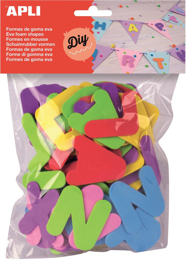 Apli Kids - Lettres en caoutchouc mousse pour enfants, blister de 104 pièces de couleurs assorties