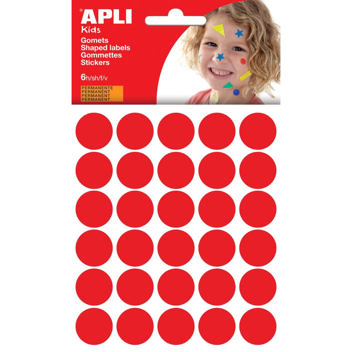 Apli Kids - Kinderaufkleber, Kreisdurchmesser 20 mm, Blister mit 180 Stück, rot