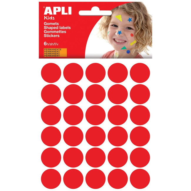 APLI KIDS - Autocollants pour enfants, diamètre du cercle 20 mm, cloqueux avec 180 pièces, rouge