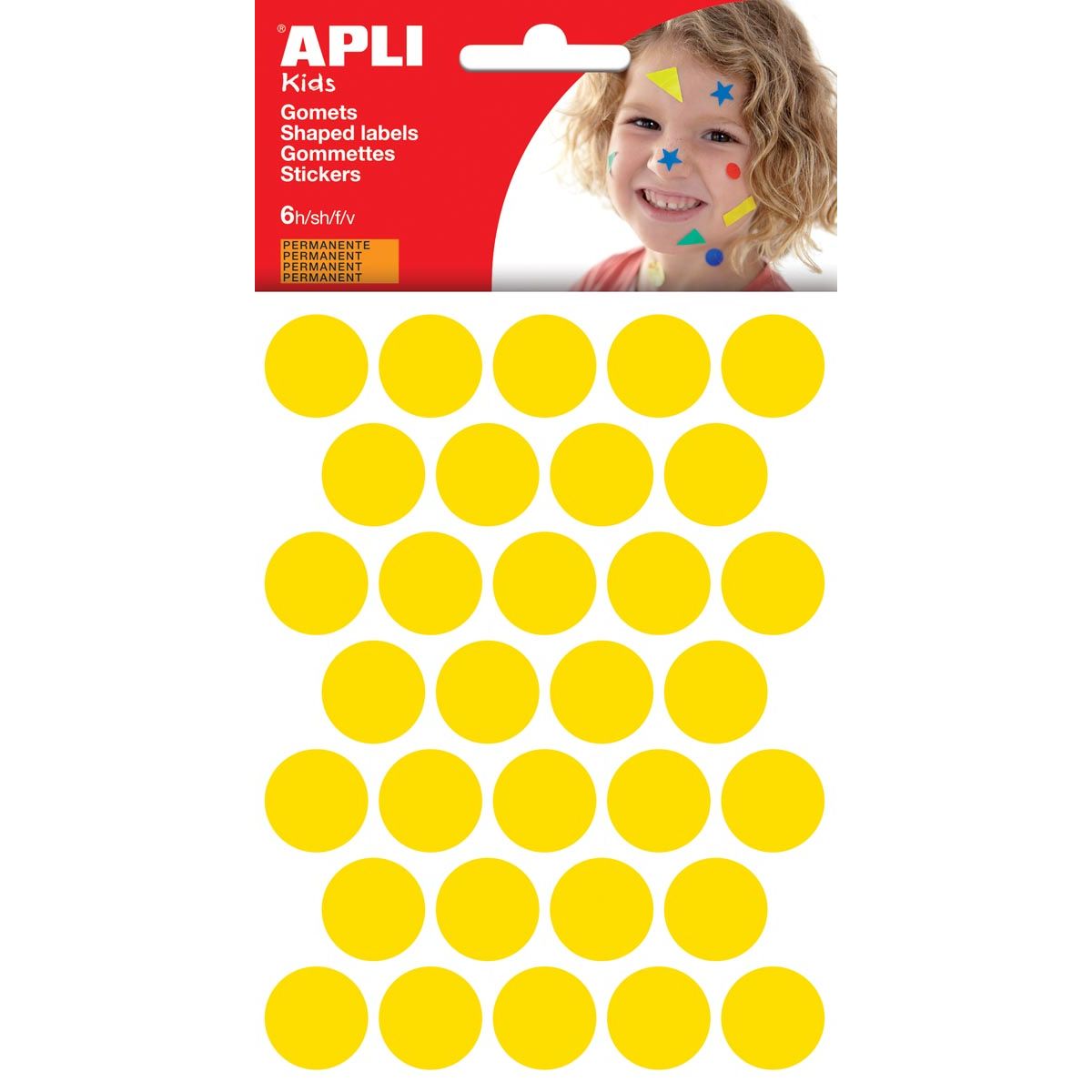 Apli Kids -  Kids stickers, cirkel diameter 20 mm, blister met 180 stuks, geel