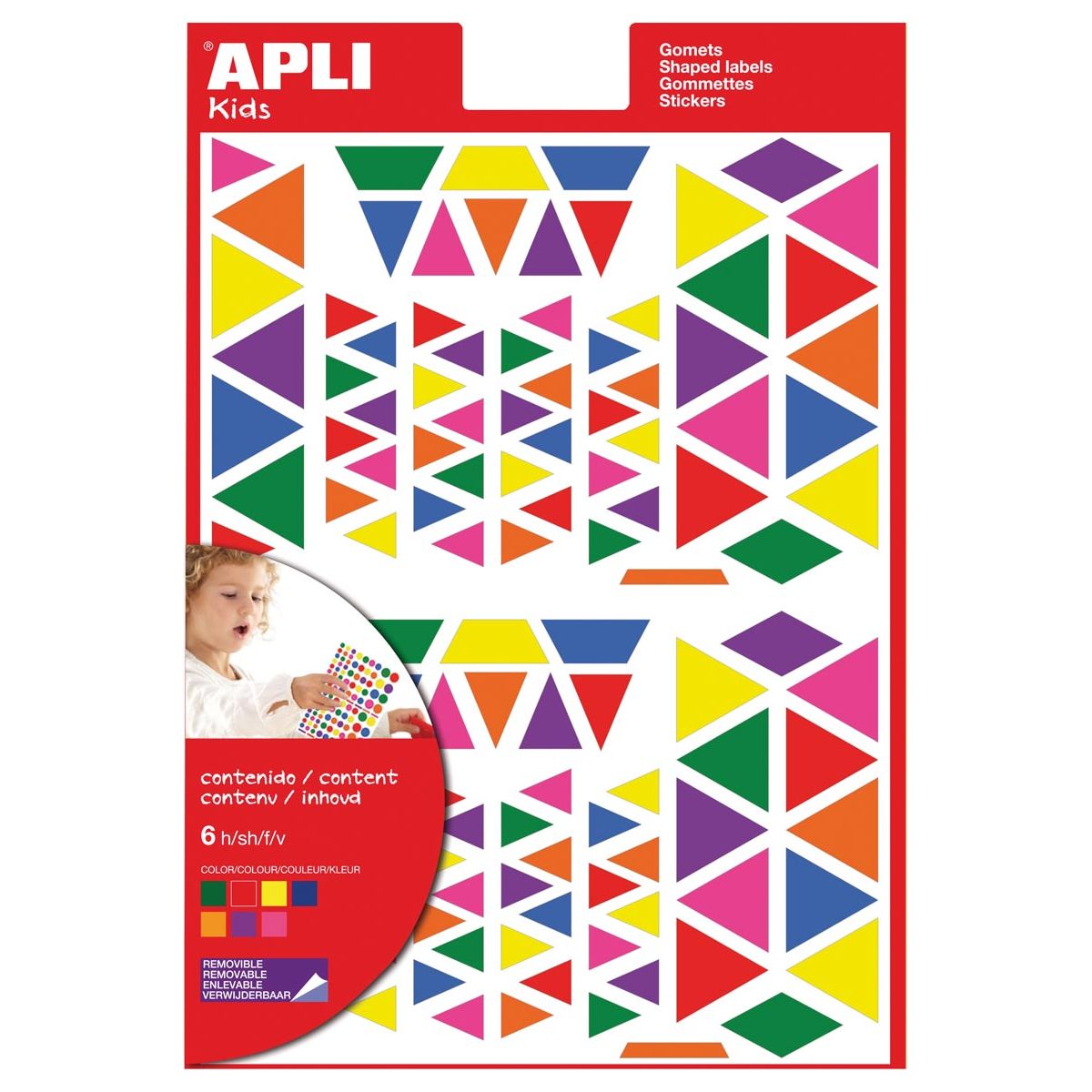 APLI KIDS - Stickers amovibles pour enfants, triangle, cloqueux avec 720 pièces en couleurs et tailles assorties