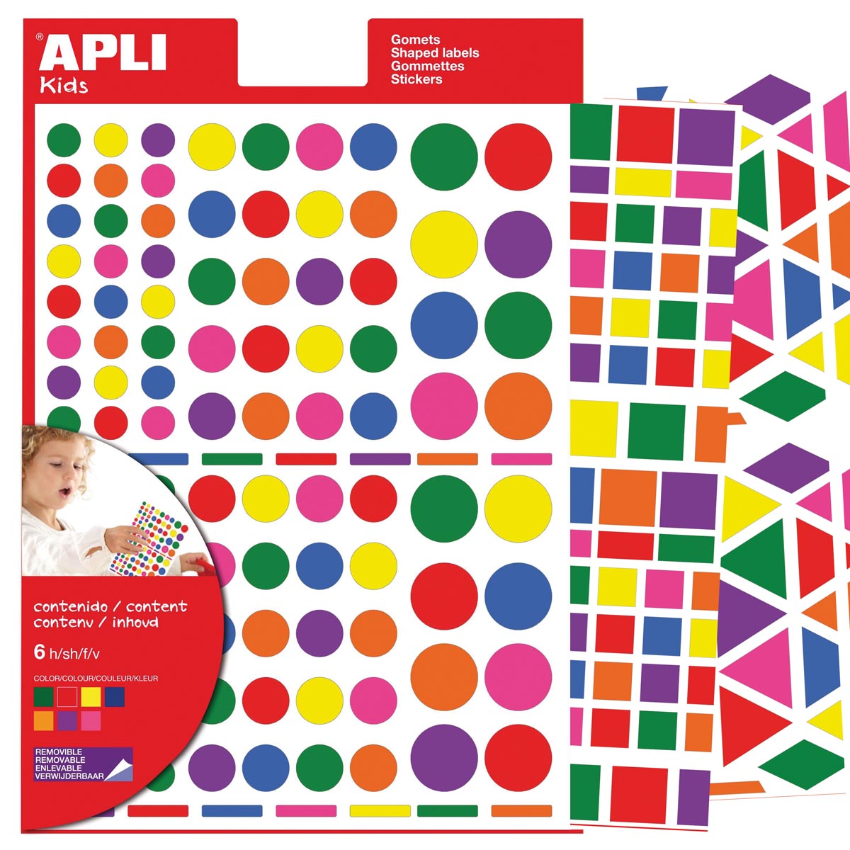 Apli -  Kids verwijderbare stickers, geassorteerde vormen, kleuren en groottes, blister met 664 stuks