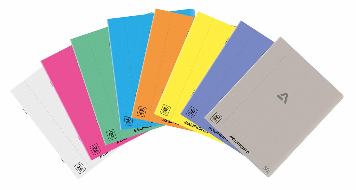 Aurora - Carnet Writing 80, agrafé, ligné + marge, 72 pages, A5, PP transparent