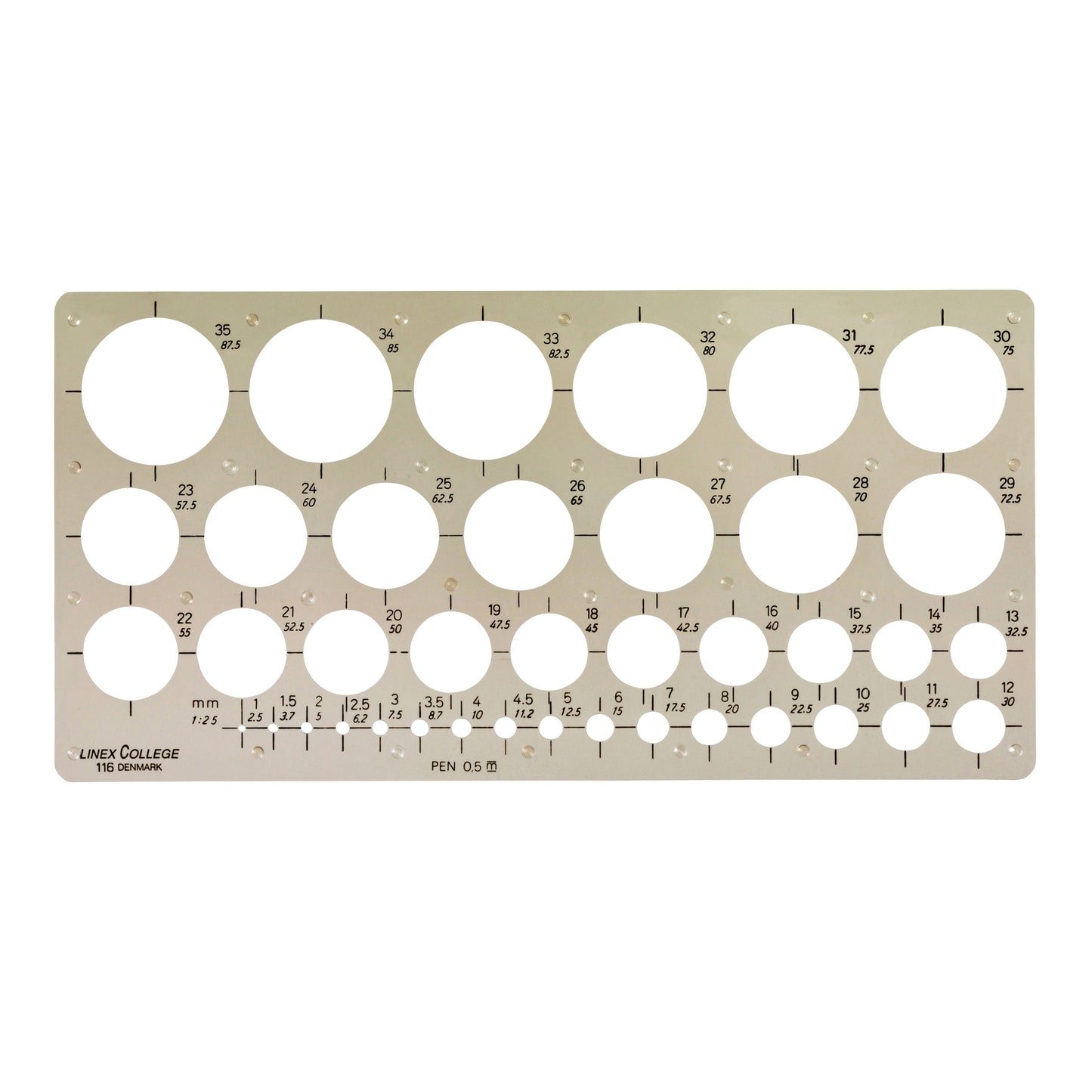Linex - Kreisschablone 39 Kreise mit Tuschefüßen 1-35mm grau