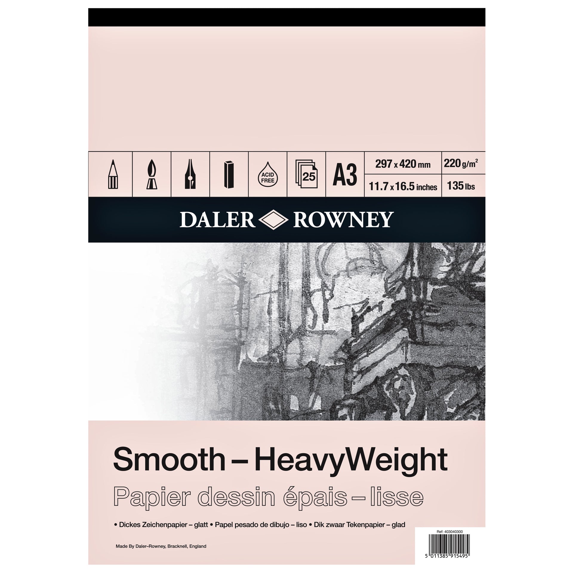 Daler - Papier à dessin -Rowney Smooth Heavyweight 220gr A3 blanc naturel