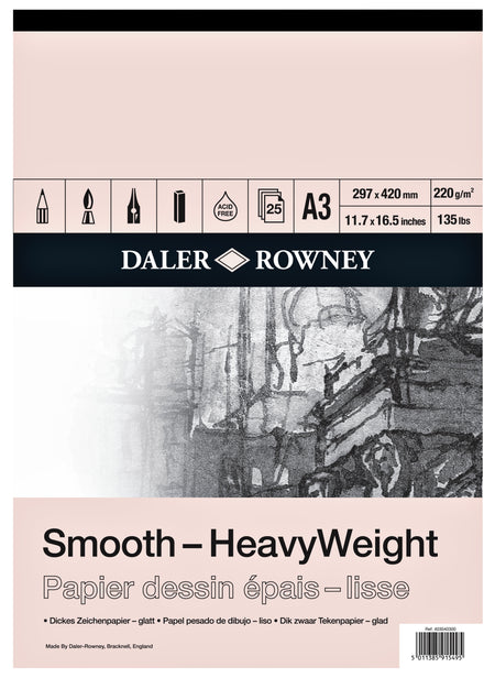 Daler - Papier à dessin -Rowney Smooth Heavyweight 220gr A3 blanc naturel