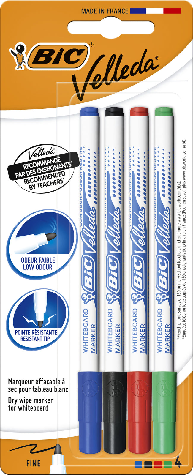 Bic - Marqueur tableau blanc Velleda 1721 rond fin assorti blister de 4 pièces
