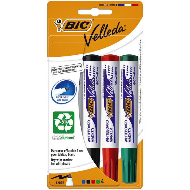 Bic - Marqueur tableau blanc Velleda 1704 rond grand blister assorti de 4 pièces
