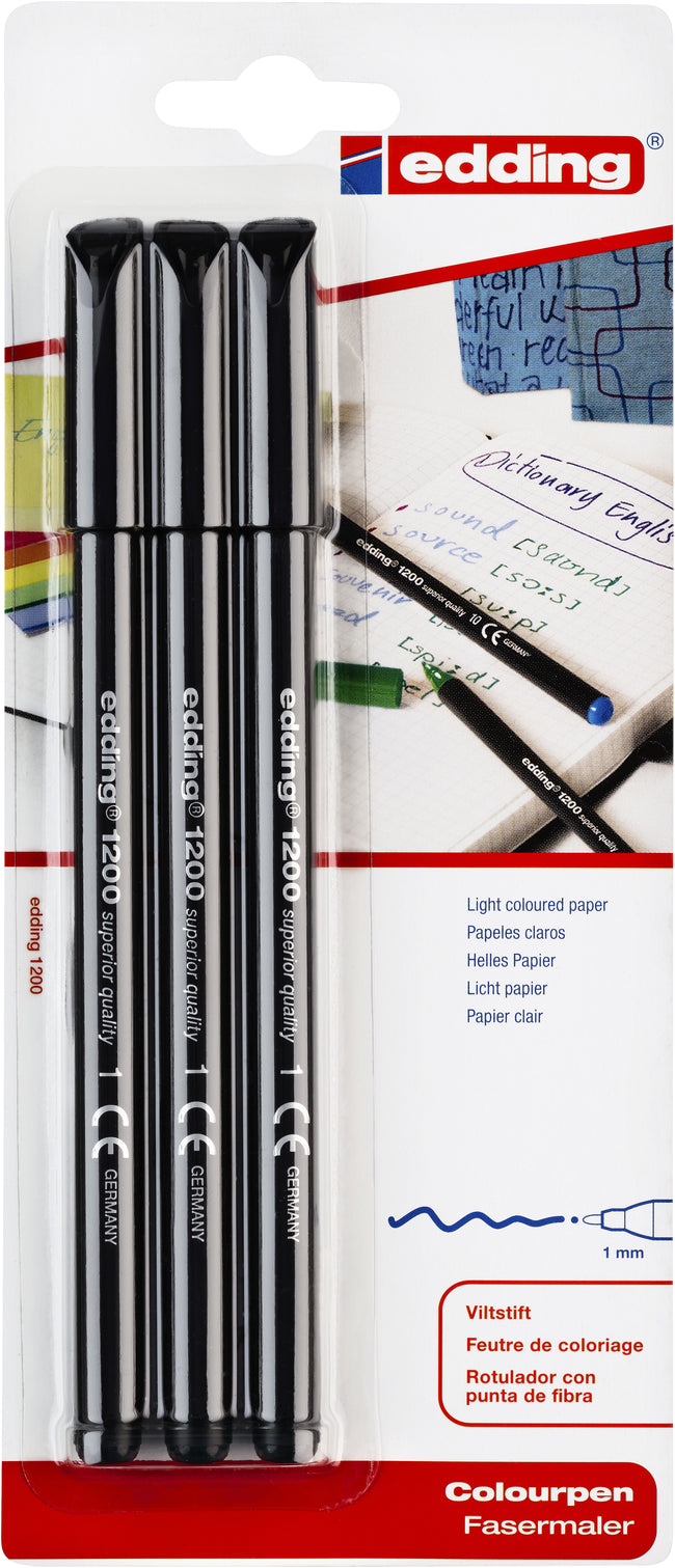 Edding - Fineliner 1200 001 blister noir fin de 3 pièces