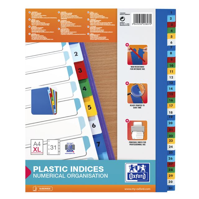 Oxford - Onglets A4+ 11 trous 1-31 PP couleur | 25 pièces