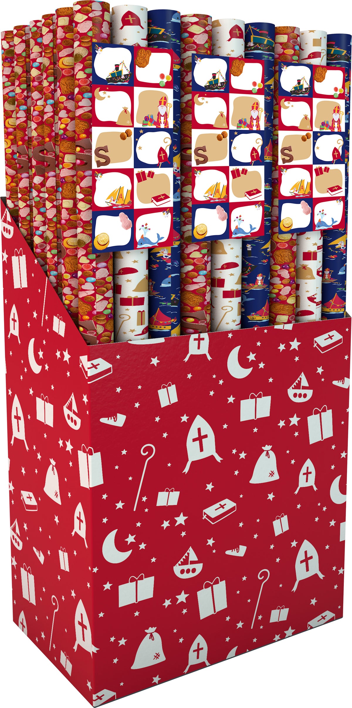 IG design - Papier cadeau sint 200x70cm lot de 3 rouleaux + planche d'autocollants avec 10 étiquettes assorties