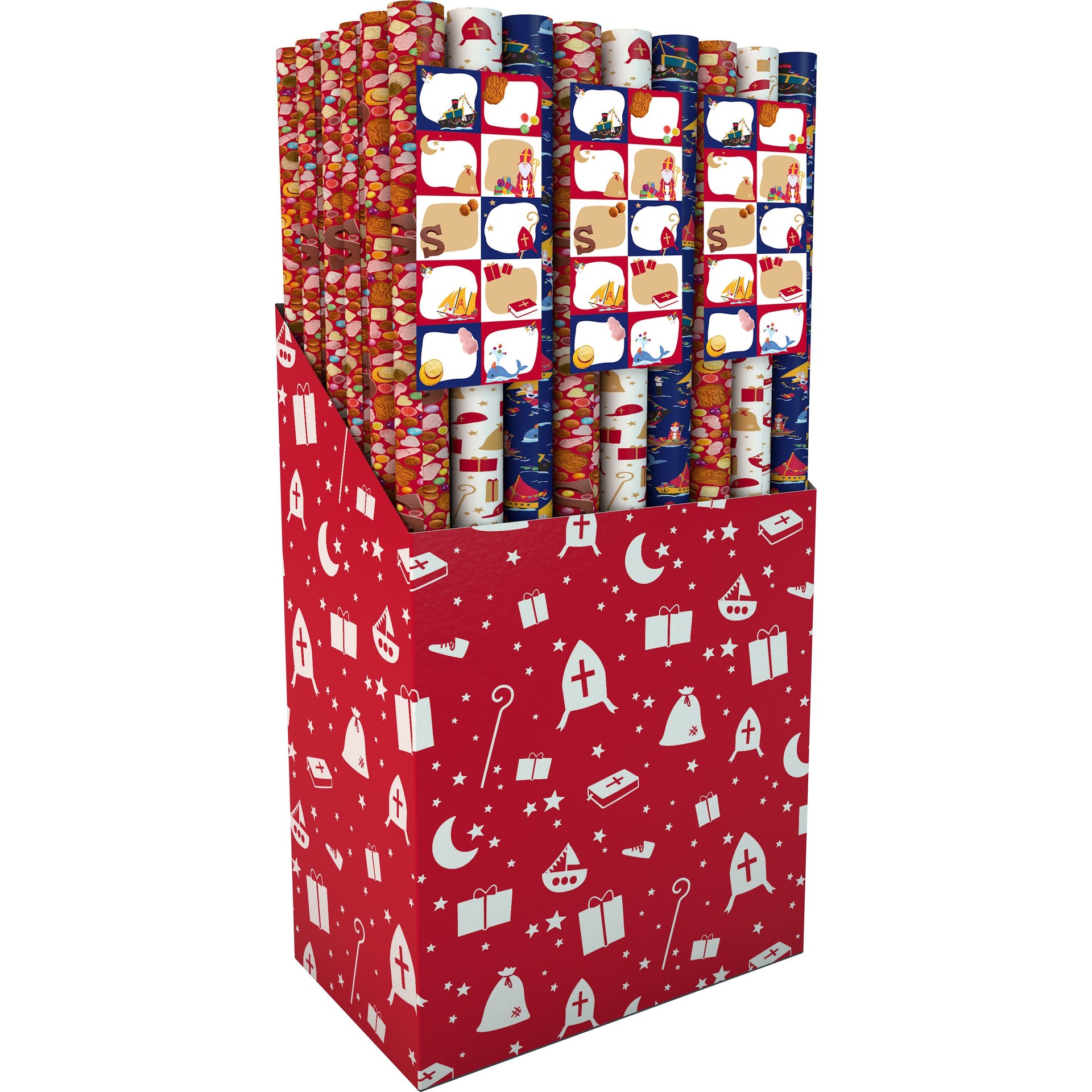 IG Design – Geschenkpapier Sint 200 x 70 cm, Set mit 3 Rollen + Aufkleberbogen mit 10 Etiketten sortiert