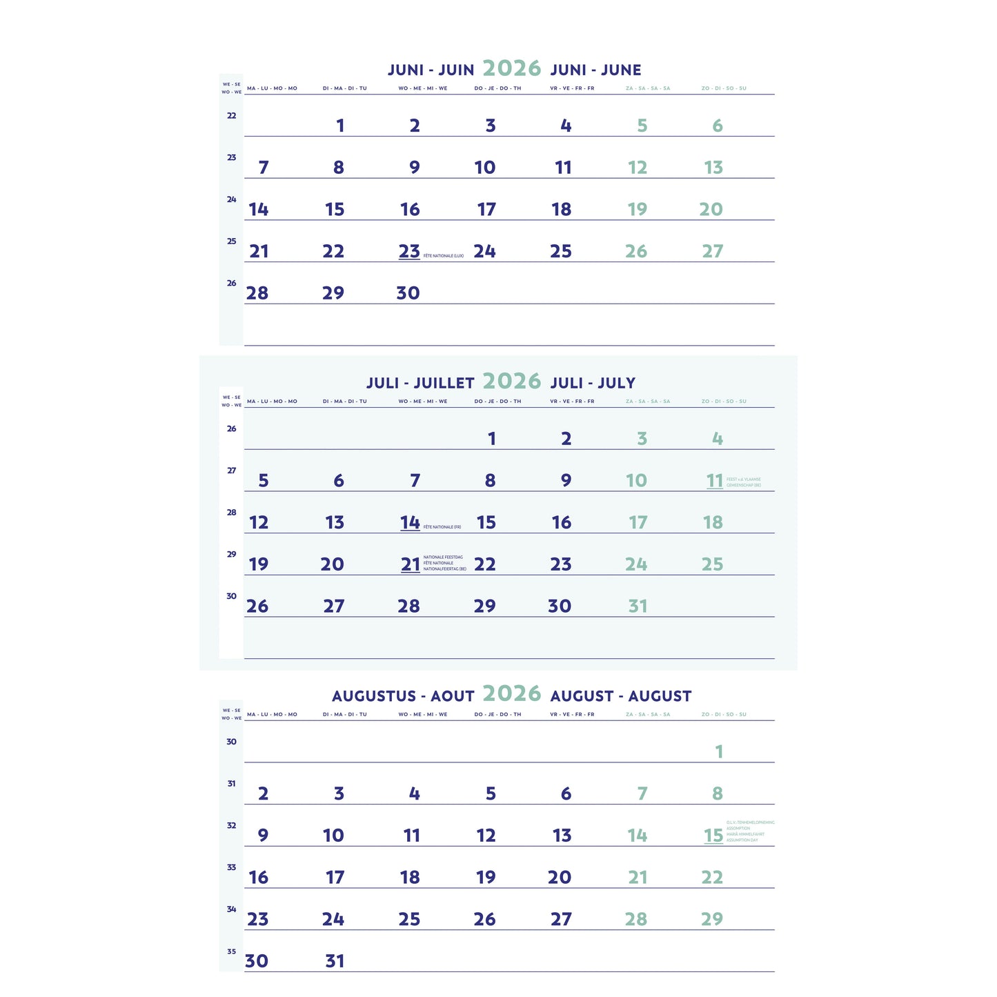 Brepols - Calendrier 3 Mois 2026 30x60cm