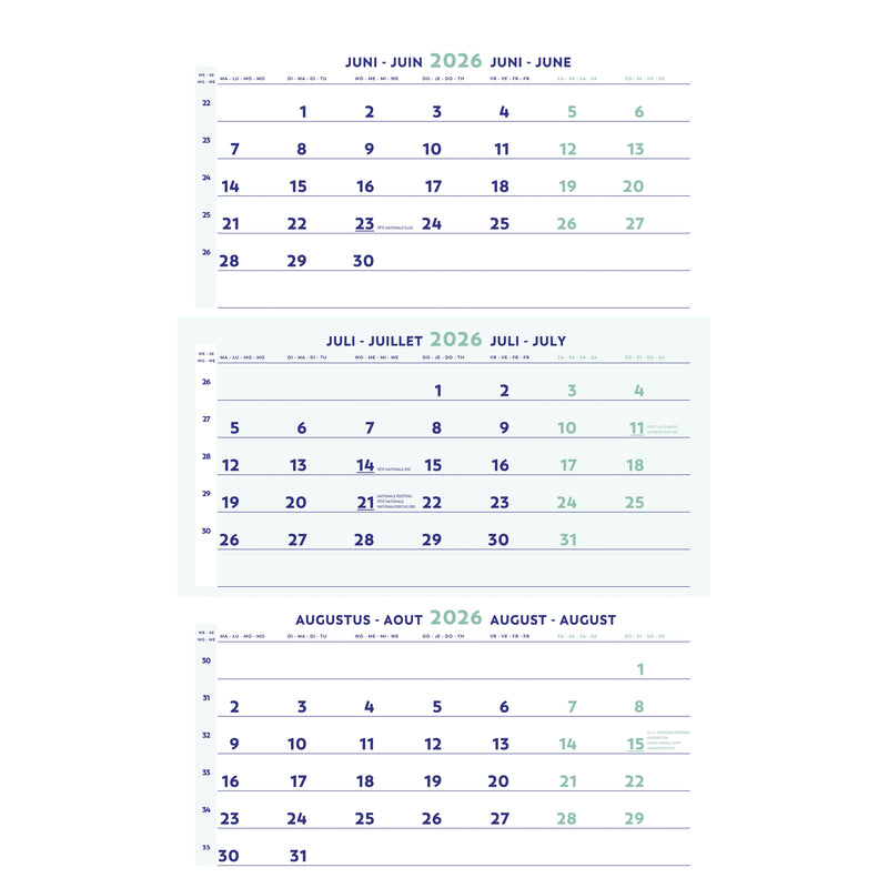 Brepols - Calendrier 3 Mois 2026 30x60cm