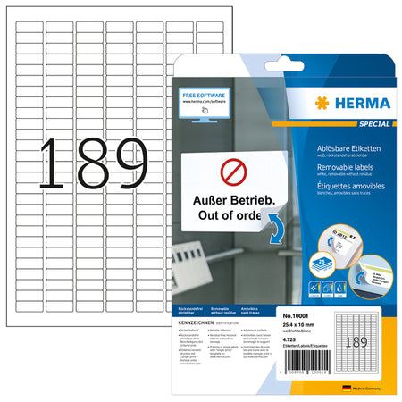 HERMA - Etiquette 10001 A4 25,4x10mm blanc amovible 4725 étiquettes