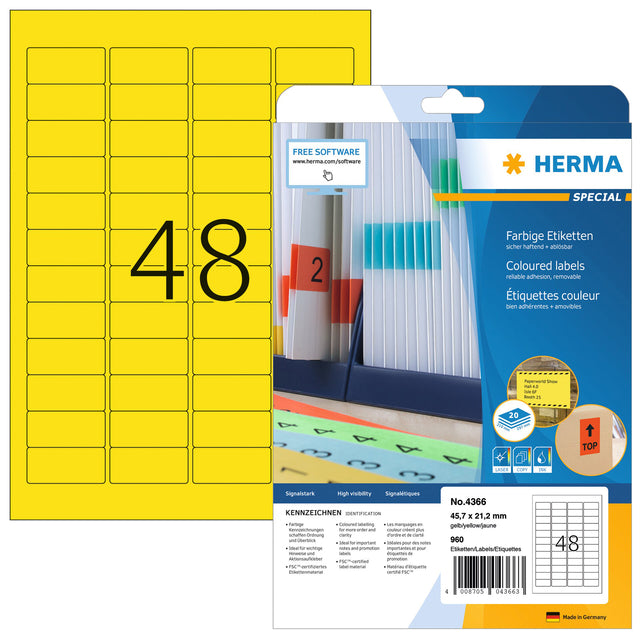 HERMA -  Etiket  4366 a4 45.7x21.2mm verwijderb geel