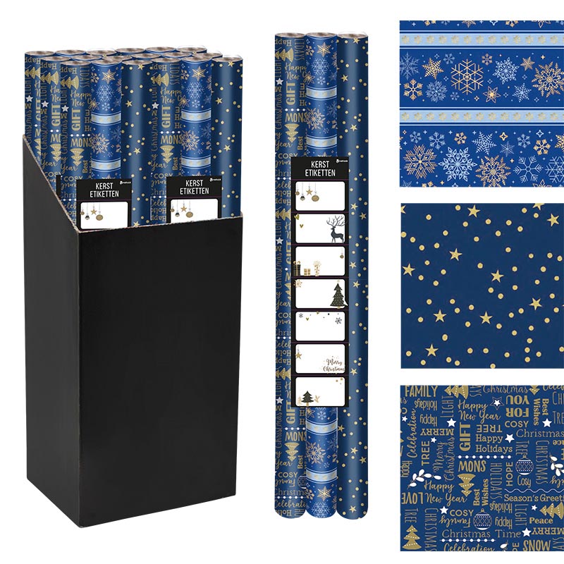 Klika -  Geschenkpapier Kerst, 70 cm x 2 m, blauw, pak van 3 stuks