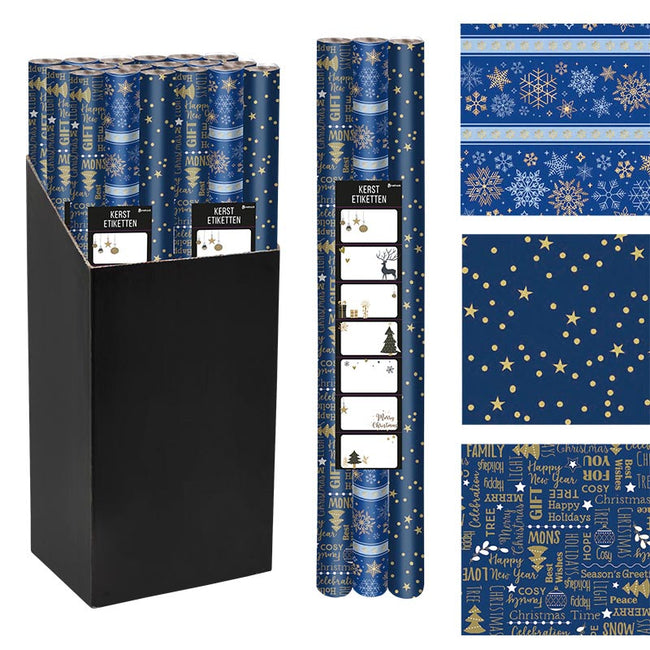Klika -  Geschenkpapier Kerst, 70 cm x 2 m, blauw, pak van 3 stuks