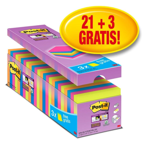 Post-it - super Sticky notes, 90 feuilles, pi 76 x 76 mm, couleurs assorties, paquet de 21 blocs + 3 offerts