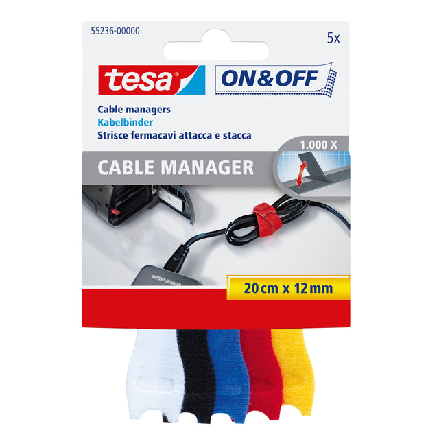 Tesa - Kabelmanager® On Off 12mmx20cm verschiedene Farben 5 Stück
