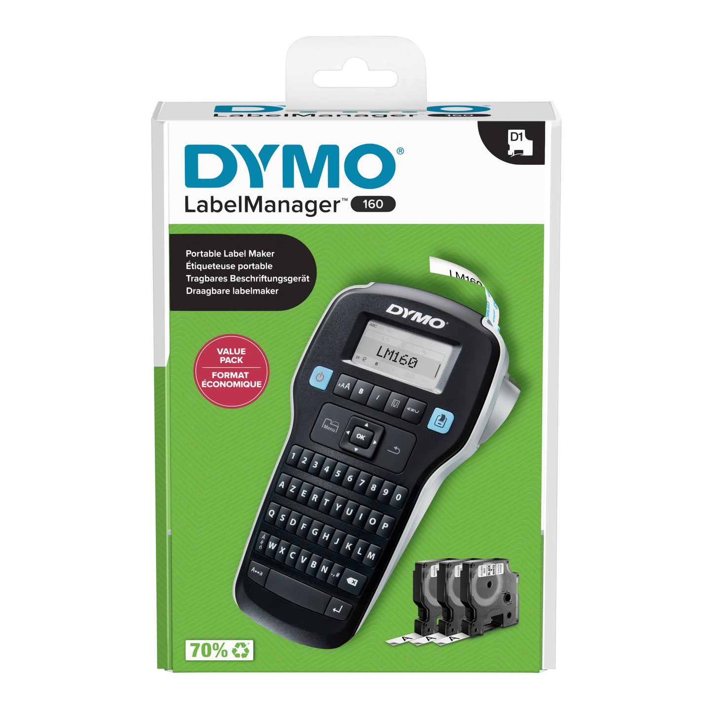 Dymo – Etikettendrucker LabelManager 160, tragbares Azerty-12-mm-Schwarz-Vorteilspaket