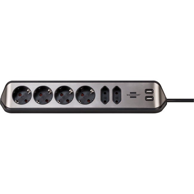 Brennerstuhl - Estilo Tischsteckdose 6-fach inkl. 2 USB 2 Meter schwarz/silber