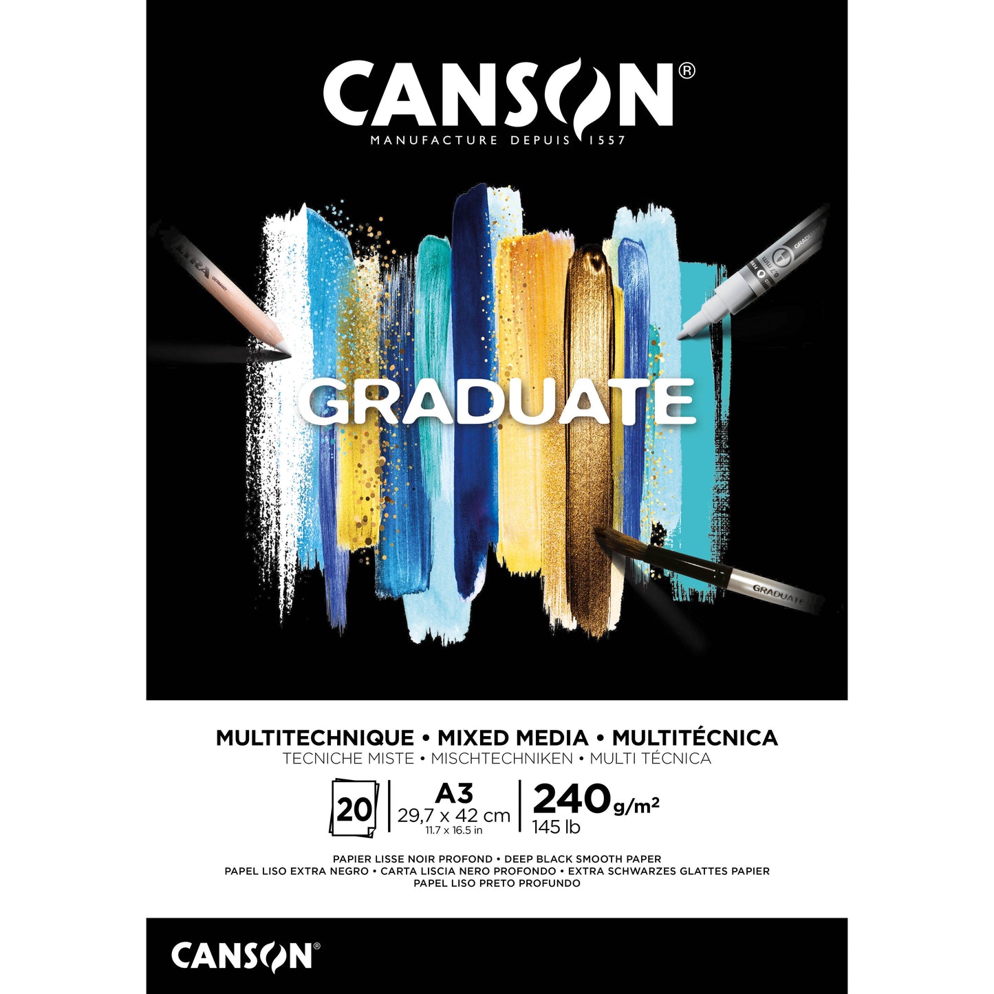 Canson - Papier Mixed Media Graduate Mixed Media 20 feuilles 240gr A3 noir