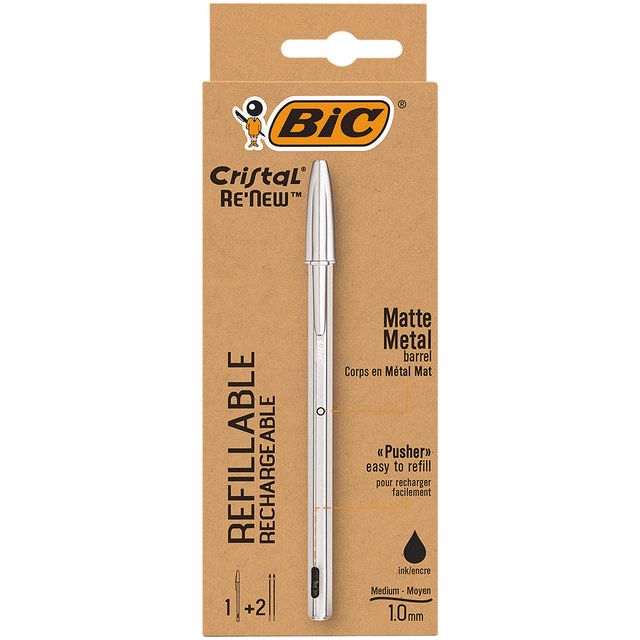 Bic - balpen Cristal Re-new, zilveren lichaam, zwarte inkt, doos met 1 stuk en 2 navullingen