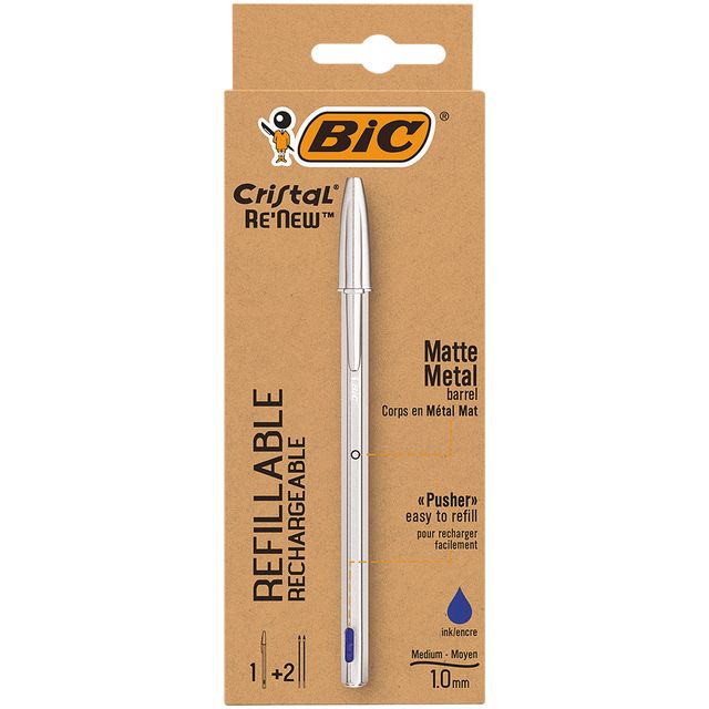 Bic -  Balpen Cristal Re-new medium zilver + 2 vullingen blauw
