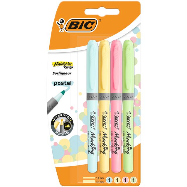 BIC - Surligneur grip pastel assorti blister de 4 pièces