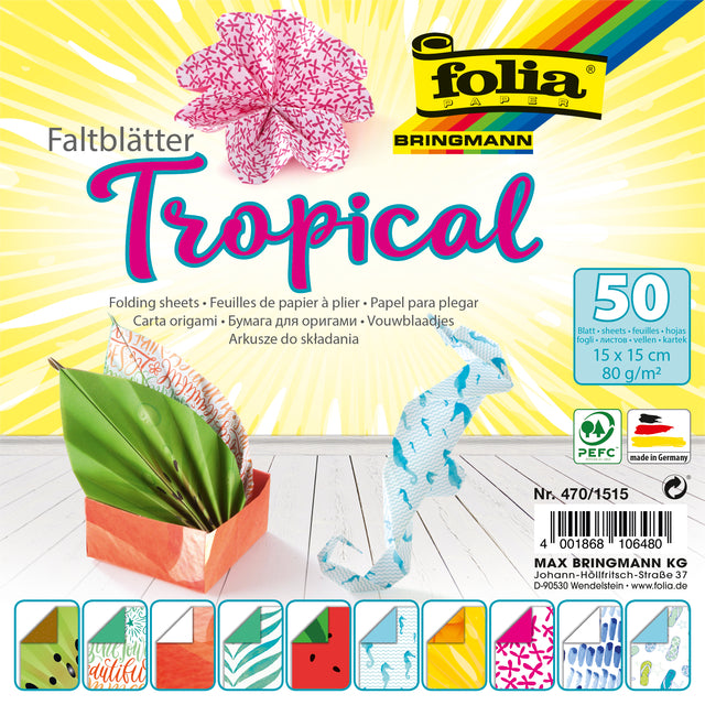 Folia Paper - Feuilles pliantes Folia 80gr 15x15cm 50 feuilles recto verso 10 motifs tropicaux | 140 pièces