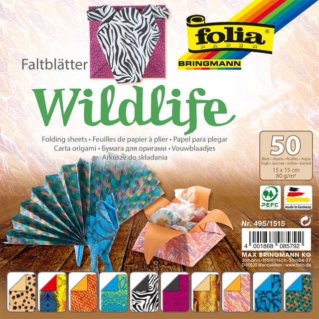 Folia Paper -  Vouwblaadjes Folia 80gr 15x15cm 50 vel 2-zijdig 10 wildlife designs