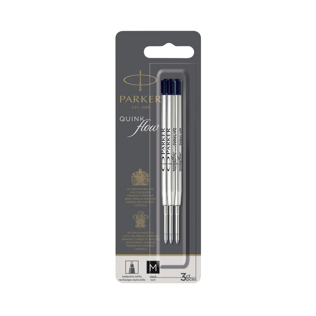 Parker - Recharge stylo bille Quinkflow medium noir blister de 3 pièces