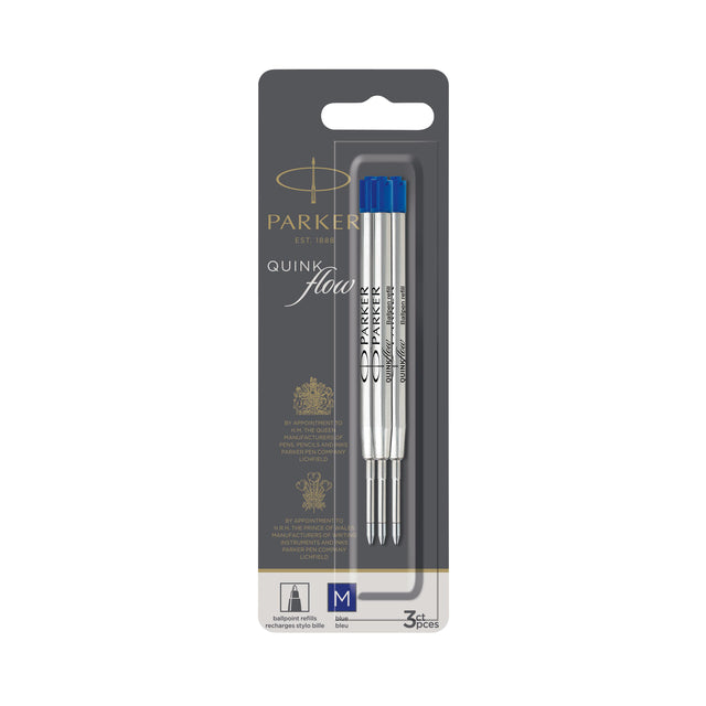 Parker - Recharge stylo bille Quinkflow bleu moyen blister de 3 pièces