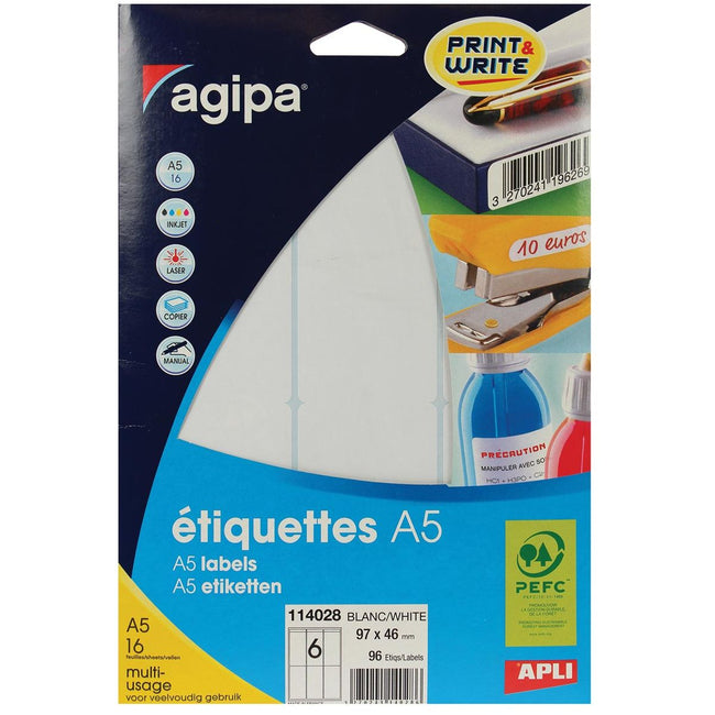 AGIPA - AGIPA White Labels Imprimer Write Ft 97 x 46 mm (B x H), 96 pièces, 6 par feuille