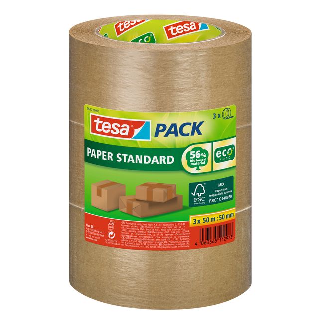 Tesa - Packaging pack® Papier Standard ecoLogo 50mx50mm marron paquet 3 rouleaux | 6 pièces